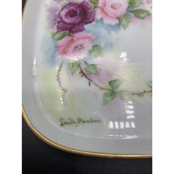 Vintage Hand-Painted Floral Trinket Dish by Lucile Bunker, Gold Trim - Picture 3 of 4
